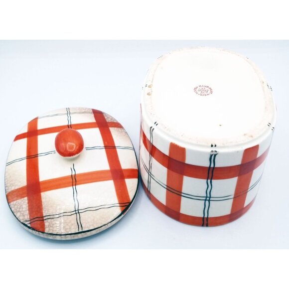 Red Plaid Storage Container Hand Painted Ceramic Crazed Vintage Takito Company - Picture 12 of 16